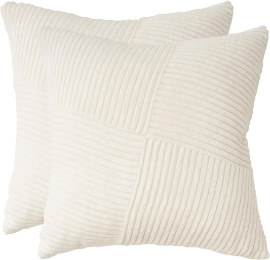 Corduroy Cushion Covers - Soft Velvet Fabric with Windmill-Inspired Pattern and Hidden Zipper Design - Snow, 45cm x 45cm (Twin Pack)