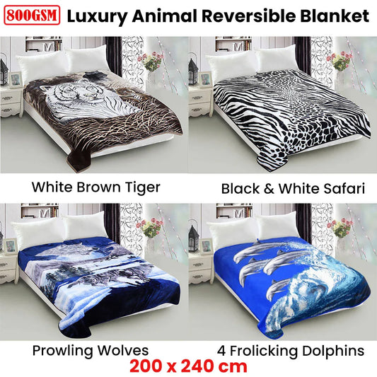 800GSM Luxury Reversible Animal Mink Blanket Queen 200 x 240 cm White Brown Tiger - Mekamart Australia