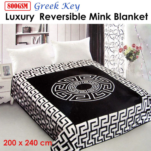 800GSM Luxury Reversible Mink Blanket Greek Key Black Queen 200 x 240 cm - Mekamart Australia