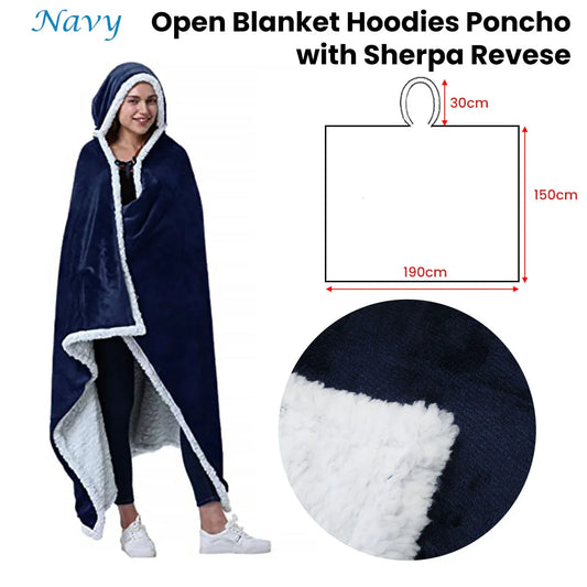Adult Men Women Open Blanket Hoodie Poncho with Sherpa Fleece Reverse Navy - Mekamart Australia