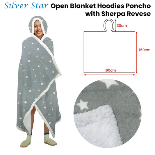 Adult Men Women Open Blanket Hoodie Poncho with Sherpa Fleece Reverse Silver Star - Mekamart Australia