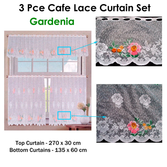 3 Pce Cafe Gardenia Lace Curtain Set - Mekamart Australia