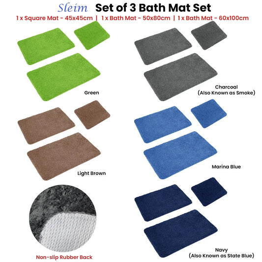 Sleim Set of 3 Bath Mat Set Green - Mekamart Australia
