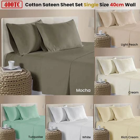 400TC 100% Cotton Sateen Premium Sheet Set 40cm Wall Mocha Single - Mekamart Australia