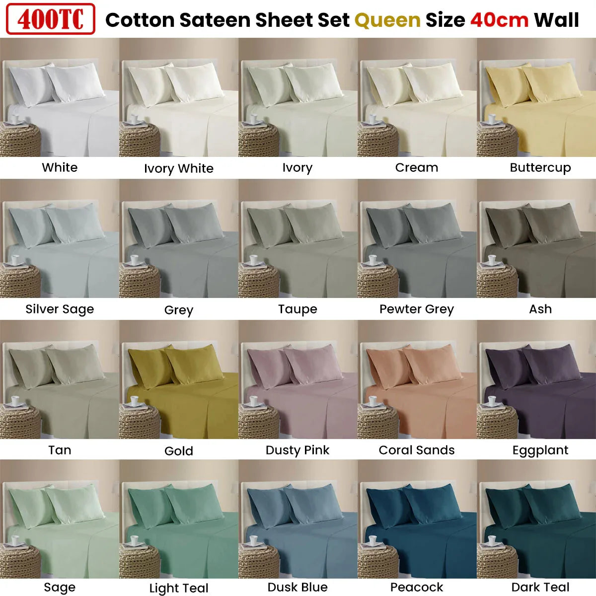 400TC 100% Cotton Sateen Premium Sheet Set 40cm Wall White Queen - Mekamart Australia