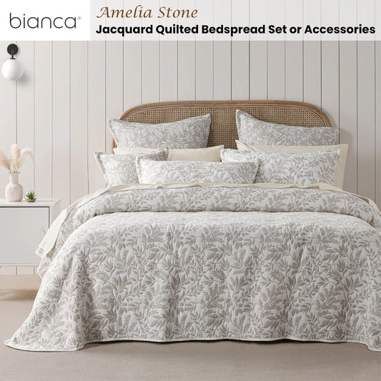 Bianca Ameila Stone Jacquard Quilted Foliage Bedspread Set Super King - Mekamart Australia
