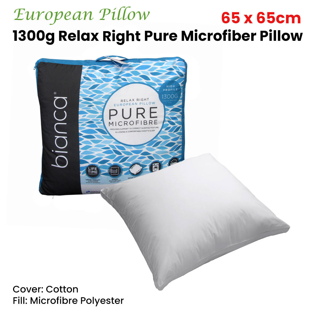 Bianca 1300g Relax Right Pure Microfiber European Pillow 65 x 65cm