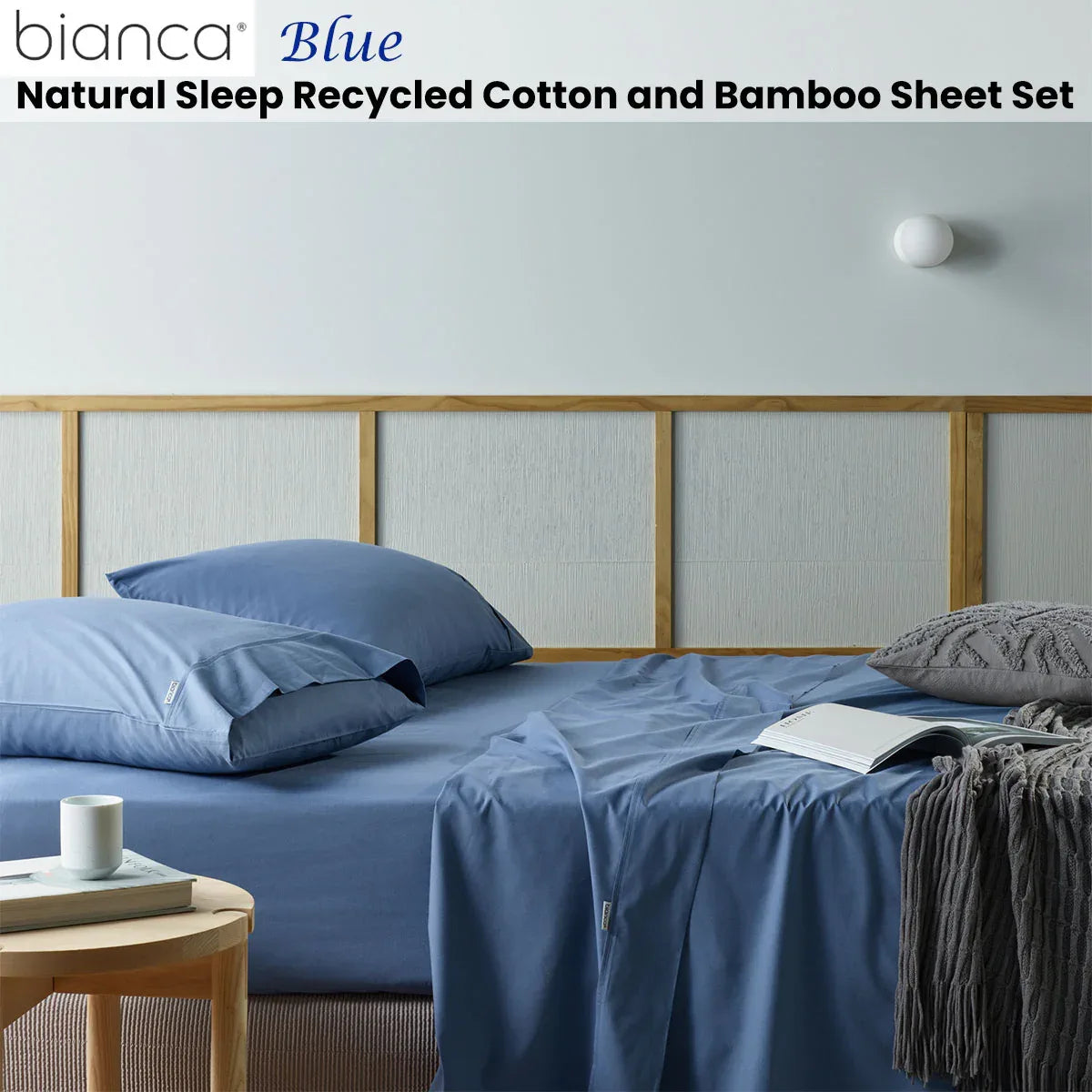Bianca Natural Sleep Recycled Cotton and Bamboo Sheet Set Blue Split King - Mekamart Australia