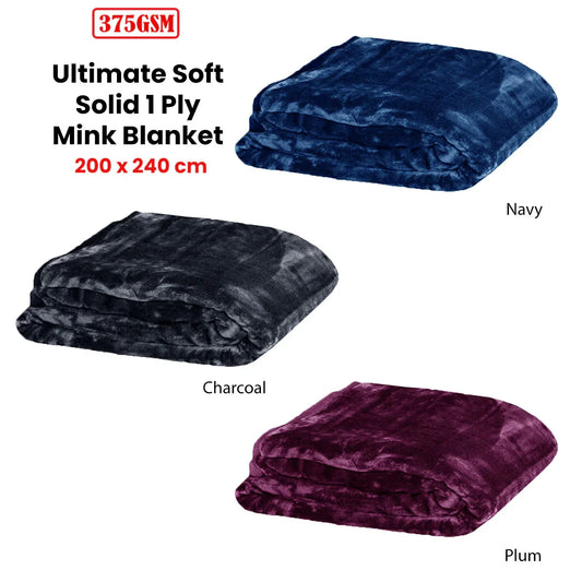 375gsm 1 Ply Solid Faux Mink Blanket Queen 200x240 cm Navy - Mekamart Australia