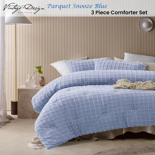 Vintage Design Homewares 3 Pcs Parquet Snooze Blue Comforter Set Queen - Mekamart Australia
