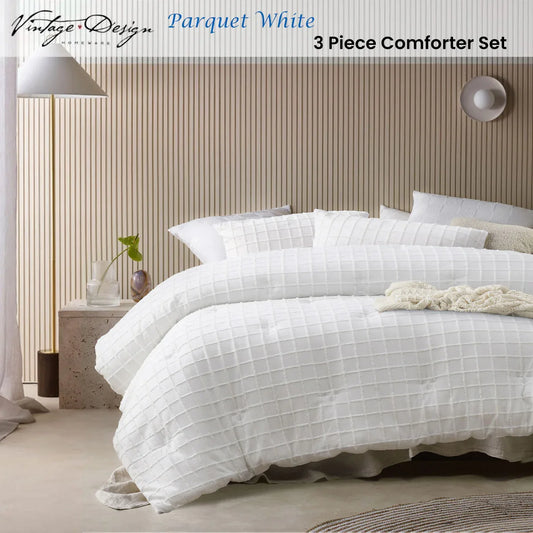 Vintage Design Homewares 3 Pcs Parquet White Comforter Set Queen - Mekamart Australia