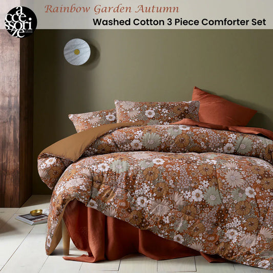 Accessorize 3 Pcs Rainbow Garden Autumn Washed Cotton Comforter Set Queen - Mekamart Australia
