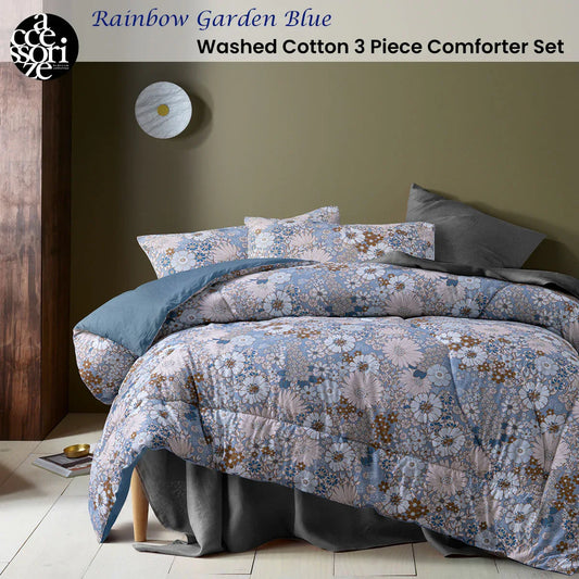 Accessorize 3 Pcs Rainbow Garden Blue Washed Cotton Comforter Set King - Mekamart Australia