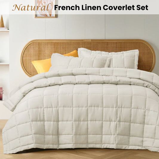 Vintage Design Homewares Natural French Linen Coverlet Set Queen - Mekamart Australia
