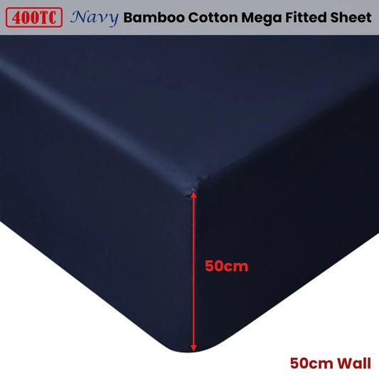Accessorize Navy Bamboo Cotton Mega Fitted Sheet 50cm Wall Queen - Mekamart Australia