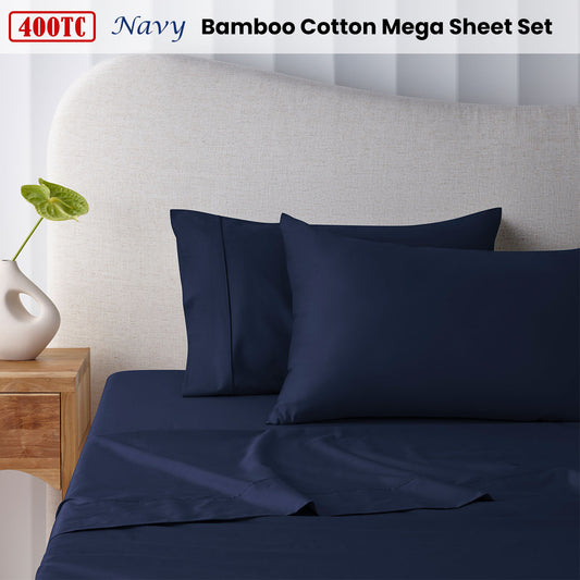 Accessorize 400TC Navy Bamboo Cotton Mega Sheet Set 50cm Wall Queen