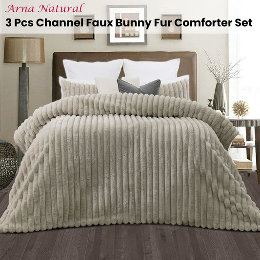 Jane Barrington Arna Natural 3 Pcs Channel Faux Bunny Fur Comforter Set Queen - Mekamart Australia