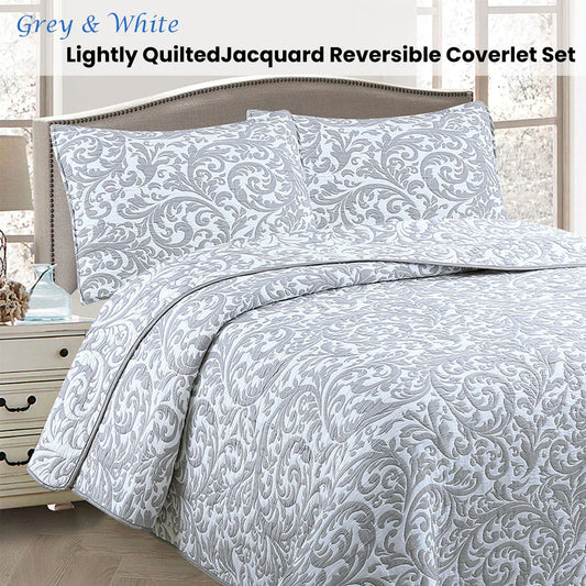 Jane Barrington Grey & White Lightly Quilted Jacquard Reversible Coverlet Set Queen - Mekamart Australia