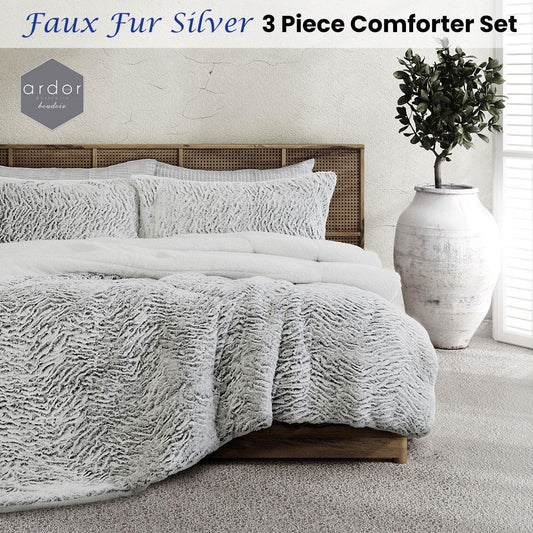 Ardor Faux Fur Silver 3 Piece Comforter Set Queen/King - Mekamart Australia