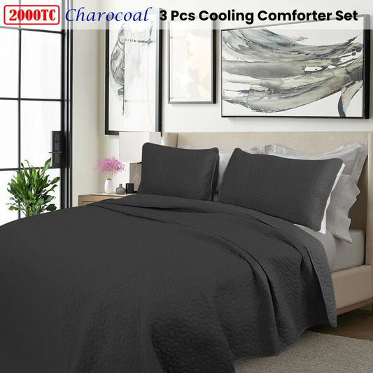 Shangri La 2000TC Charcoal Cooling Embroidered 3 Pcs Comforter Set Queen - Mekamart Australia