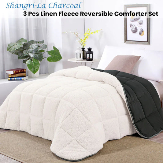 Shangri La Charcoal Sherpa Fleece Reversible 3 Pcs Comforter Set Queen - Mekamart Australia