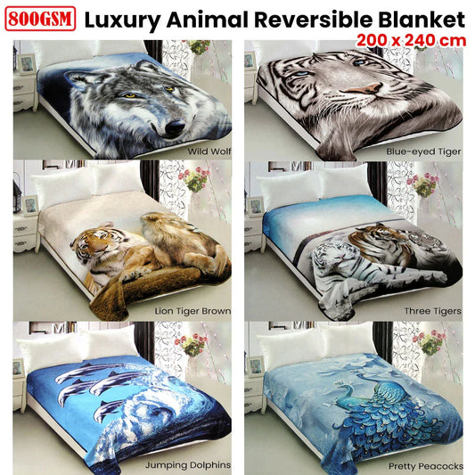 800GSM Luxury Reversible Animal Pattern Mink Blanket Queen 200 x 240 cm Three Tigers Blue - Mekamart Australia
