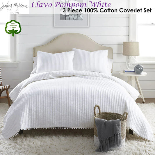 Jenny Mclean Clavo Pompom White 3 Piece 100% Cotton Coverlet Set Super King - Mekamart Australia