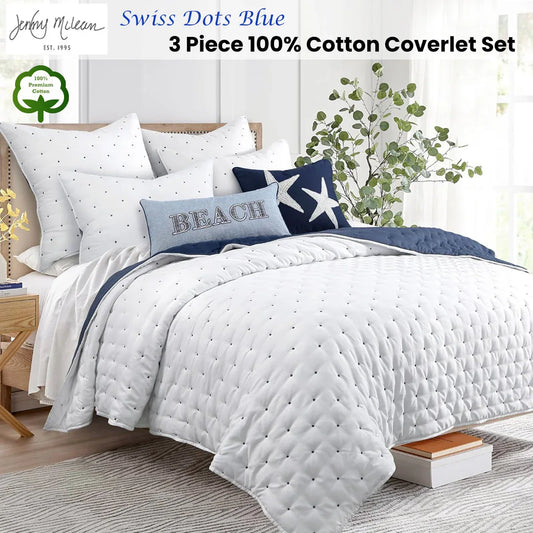 Jenny Mclean Swiss Dots Blue 3 Piece Coverlet Set Queen - Mekamart Australia