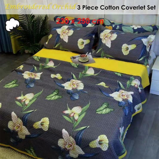 100% Cotton Coverlet Set Embroidered Orchid Queen - Mekamart Australia