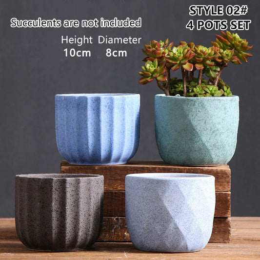 Ceramic Clay Pottery Pots Set Succulent Flower Planter Series 03(Style 02# 4 Pots Set) - Mekamart Australia