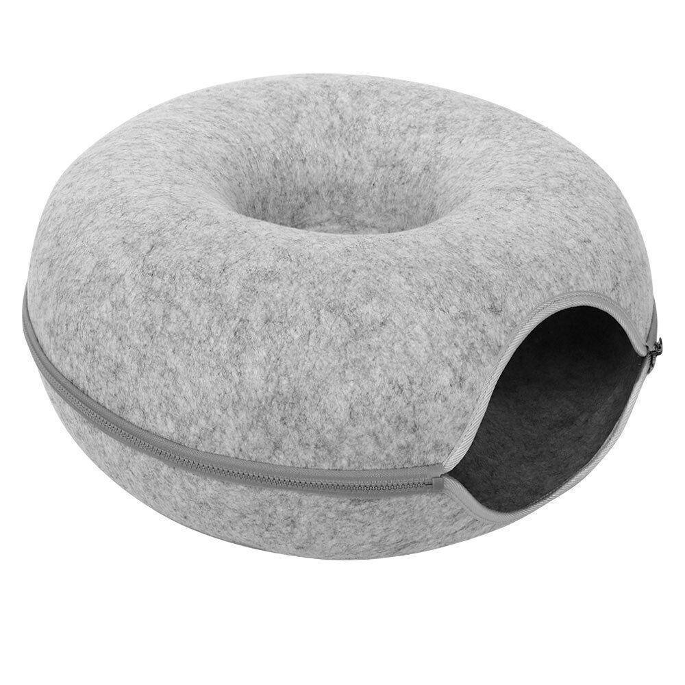 Felt Cat Tunnel Bed Donut Cave Nest for Kittens and Small Pets 50x30cm - Light Grey - Mekamart Australia