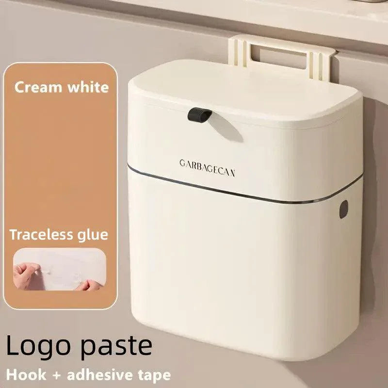 Wall Mounted Hanging Waste Bin with Lid Household Cabinet Trash Can Cream White - Mekamart Australia