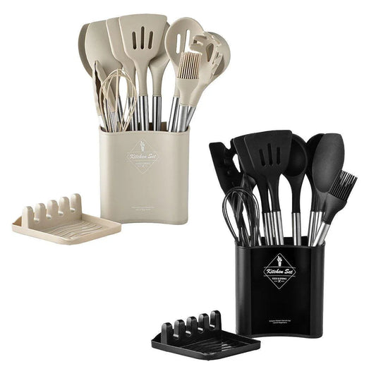 13PCS Silicone Kitchen Utensil Set Stainless Steel Handle Non-Stick Cooking Tool - Black - Mekamart Australia