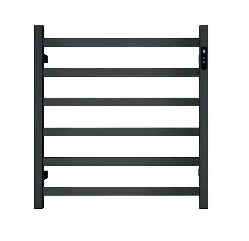 Premium Matte Black Heated Towel Rack with LED control- 6 Bars, Square Design, AU Standard, 650x620mm Wide - Mekamart Australia