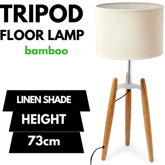 73cm Bamboo Tripod Table Lamp Light Modern Vintage w Beige Linen Shade - Mekamart Australia