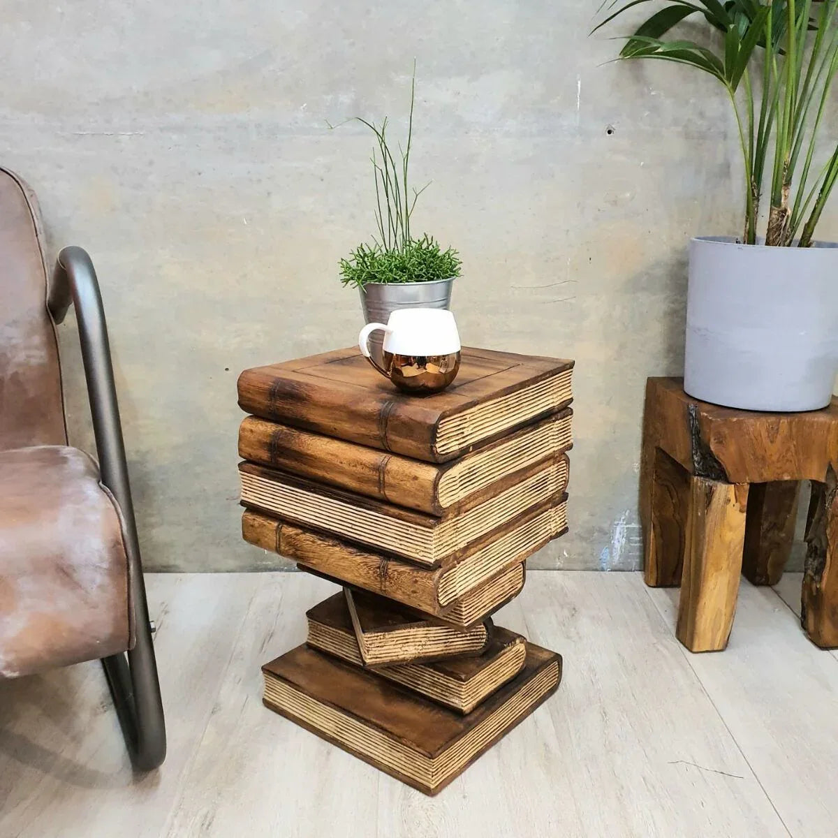 Side Table Book Stack Design w Storage Compartment Natural Burned - Mekamart Australia