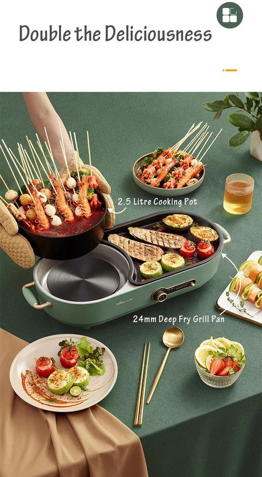 BEAR Multi-functional 2-in-1 Cooking Hot Pot And Griddle Barbecue Machine DKL-C15L1 - Mekamart Australia