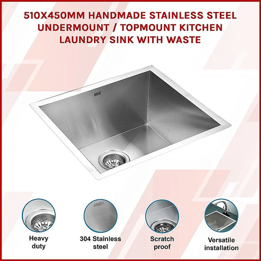 510x450mm Handmade Stainless Steel Undermount / Topmount Kitchen Laundry Sink with Waste - Mekamart Australia