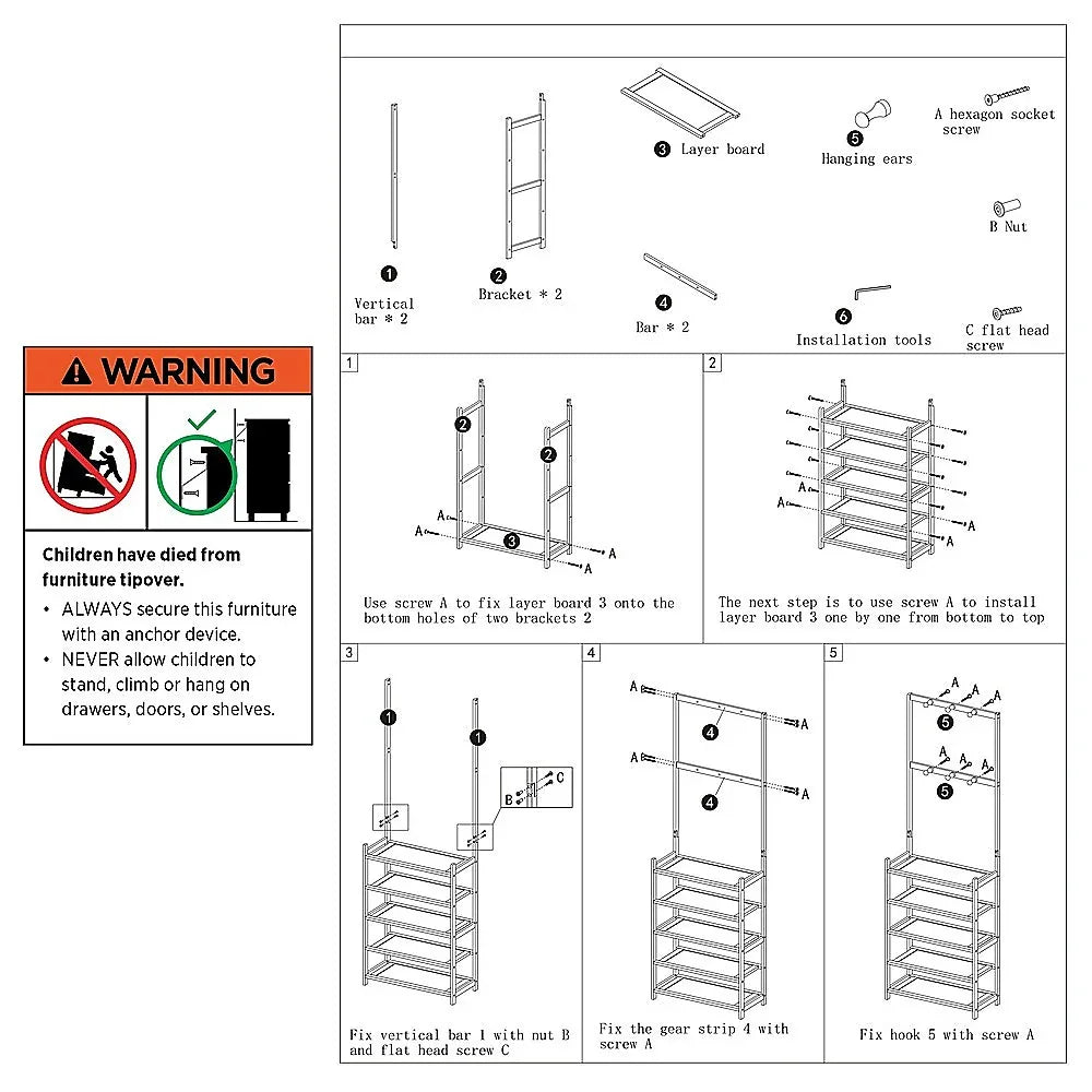 Large Wooden 5 Tiers Hat Coat Stand Clothes Shoe Rack Hanger Hooks Shelf Storage - Mekamart Australia