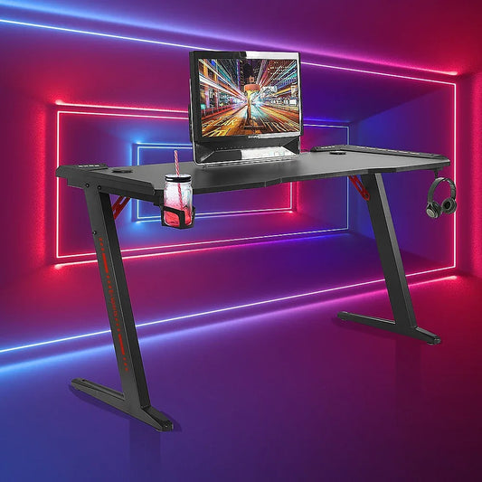 LED Gaming Desk Computer Table with Cup Holder Headphone Hook Cable Hole - Mekamart Australia