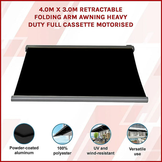 4.0m x 3.0m Retractable Folding Arm Awning Heavy Duty Full Cassette Motorised - Mekamart Australia