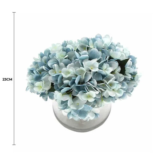 Premium Faux Hydrangea with Glass Vase (Artificial Flowering Blue Hydrangea) 23cm - Mekamart Australia