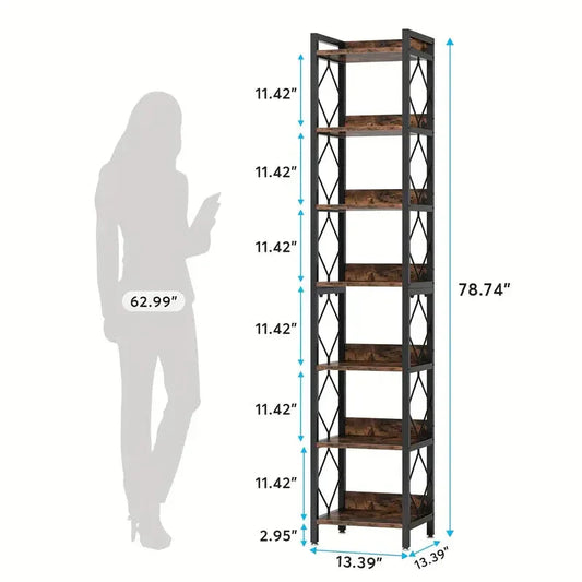 NNETMLT 78.7 Inch Extra Tall 7 Tier Skinny Bookcase, Rustic Brown - Mekamart Australia