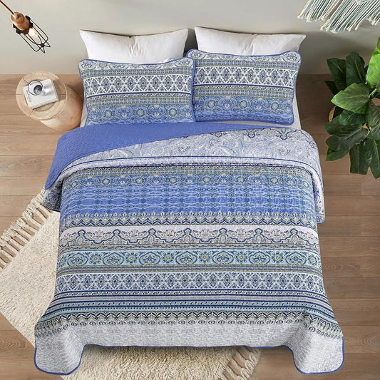 Blue teak Sunrise Floral Lightweight 3 Pc Bedspread & Pillow Cover Set
