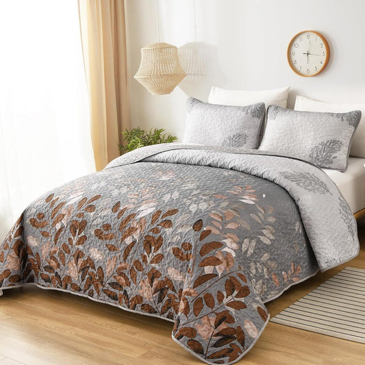 Gleaming rust grey Floral 3 Pc Bedspread & Pillow Cover Set - Mekamart Australia