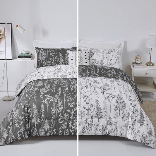 Floral Comforter Set, King Size, Black White Floral Pattern Reversible Bedding - Mekamart Australia