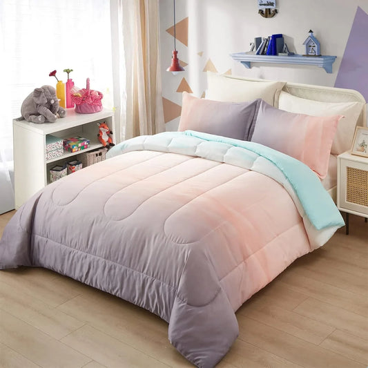 Girls Comforter Set, King Size, Ombre Blue Pink Rainbow 3-Piece Bedding Collection - Mekamart Australia