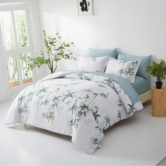 Floral Leaves Comforter Set, King Size, Quilted Bedding with Pillowcases - Mekamart Australia