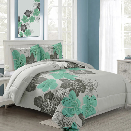 Floral Comforter Set, King Size, Green Floral 3-Piece Bedding, Lightweight Microfiber - Mekamart Australia