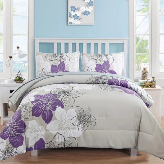 Floral Comforter Set, King Size, Purple Floral 3-Piece Bedding, Lightweight Microfiber - Mekamart Australia